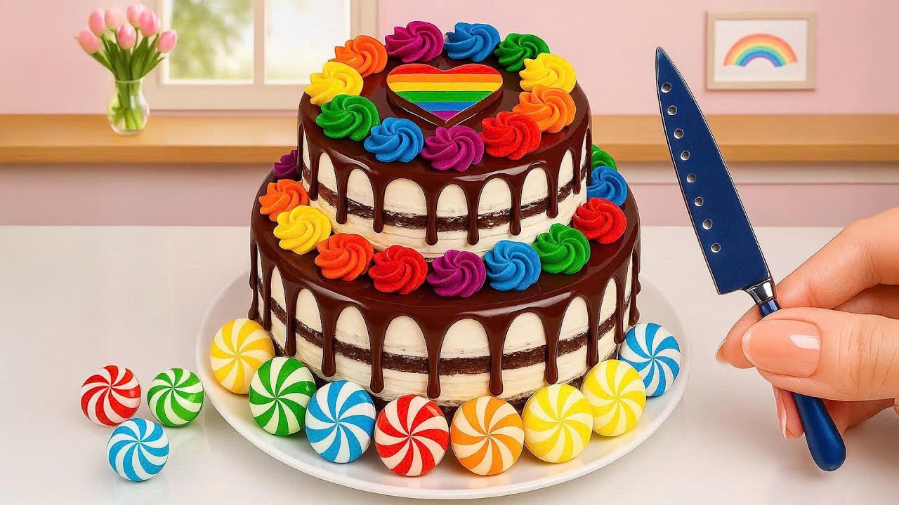 Mini Rainbow Cake Recipe with Chocolate Drip 🍫🌈 | Colorful Buttercream Swirls & Candy Topper