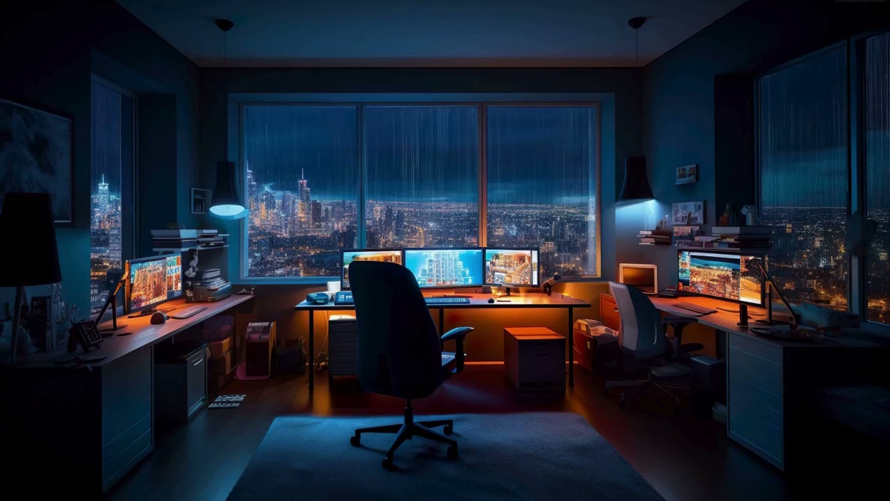 Relaxing Office Ambience Overlooking the City at Night | Rainy Night Sounds for Focus & Sleep