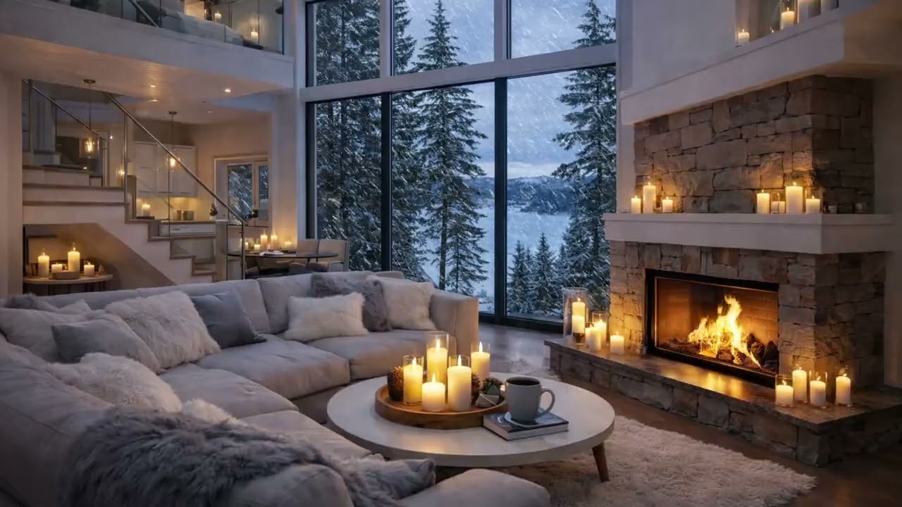Luxury Cabin Snow Storm | Cozy Fireplace and Wind Sounds for Relaxation and Sleep