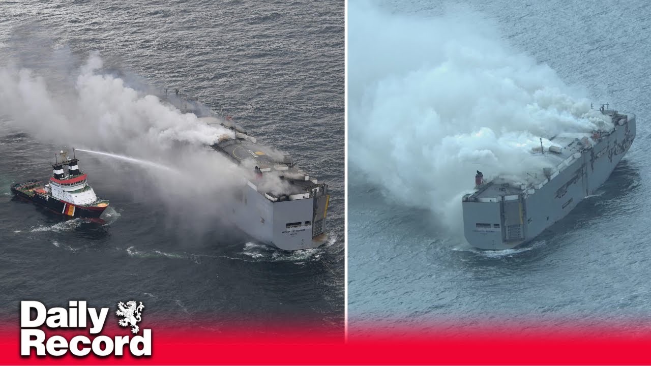 Fire on ship carrying 3,000 cars burns out of control in the North Sea