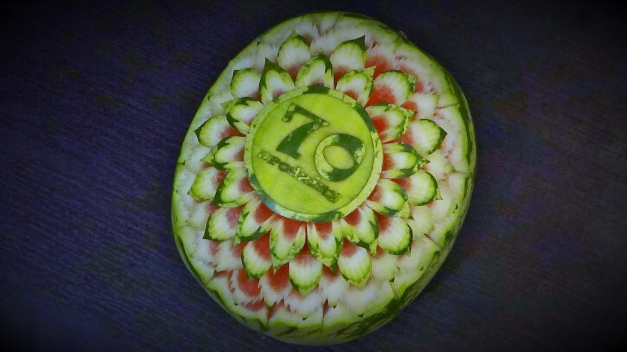 #80 Watermelon with simple pattern carved with chisels easy carving garnish for beginners