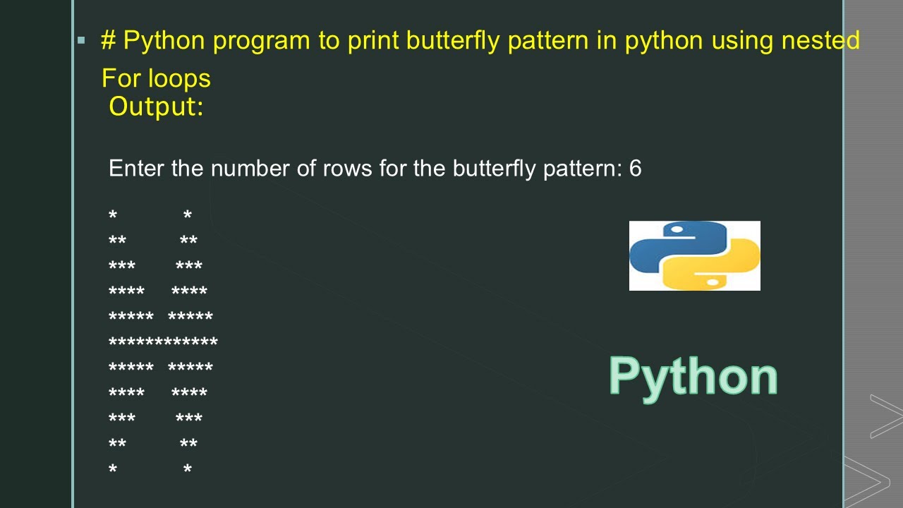 # Python program to print butterfly pattern in python using nested For loops