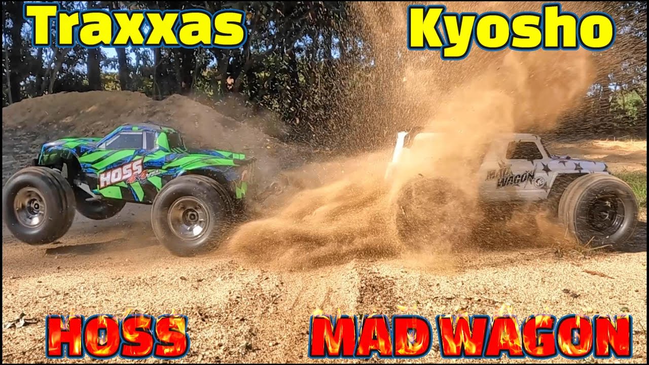 Tug of war and jump between Traxxas HOSS and Kyosho MADWAGON VE KB10L.（15pinion, 44spur ”MADWAGON”）
