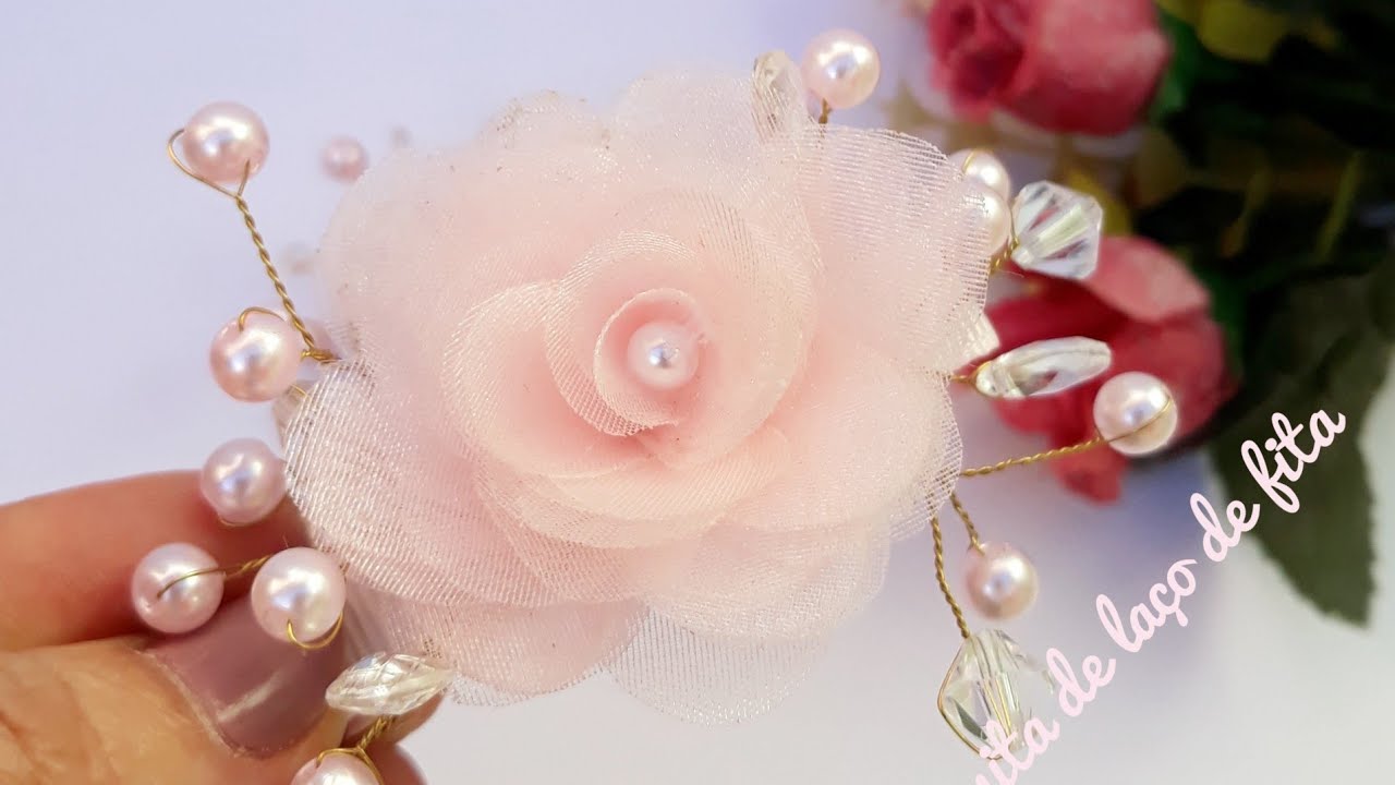 🎀Mini rosa de organza  com arranjo de pérolas e cristais - DIY - PAP- Eliana  Moreira 🎀