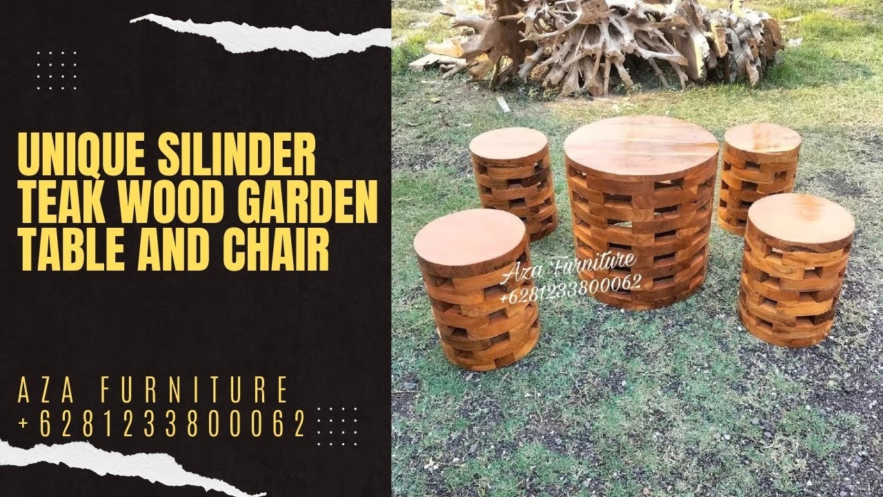 Unique Cylinder Teak Wood Garden Table and Stools | Wooden Furniture Ideas for Your Home