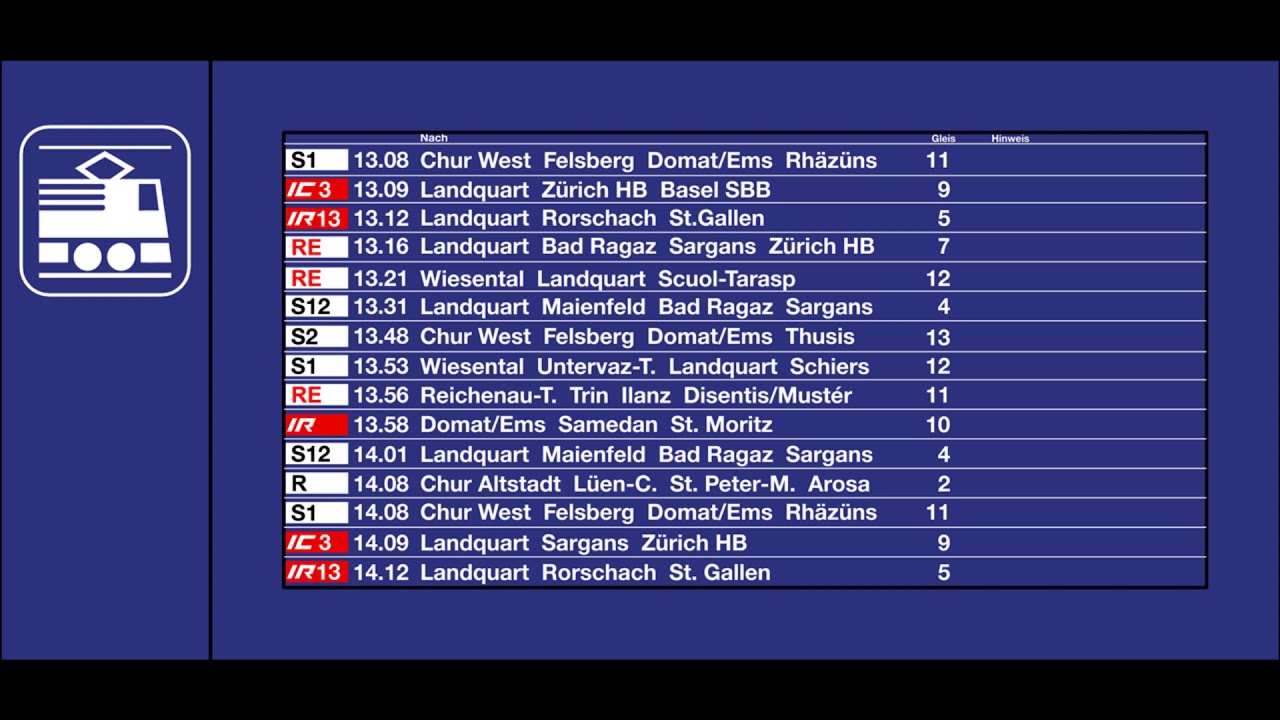 SBB Ansage - Verbindungen in Chur (S1, IC3, IR13, RE)