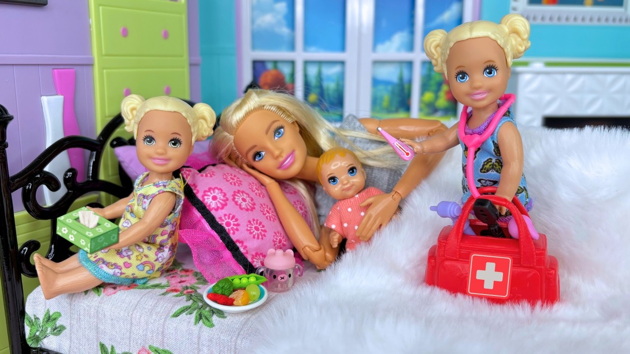 Barbie Doll Family Sick Mom and Baby Sister Get Well Routine 