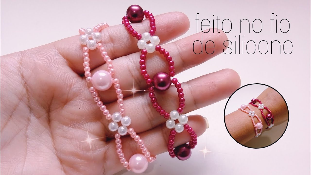 Pulseira de pérolas no fio de silicone/passo a passo.