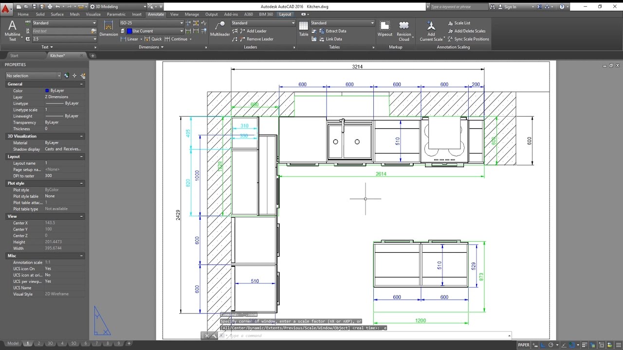 3D Basic Kitchen in AutoCAD - Dimensioning, Exporting to PDF