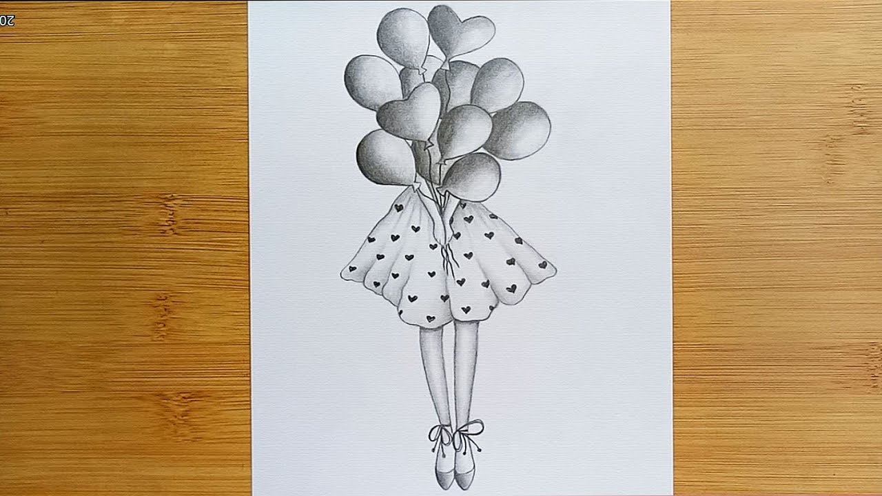 How to draw a girl with Balloons - Step by step