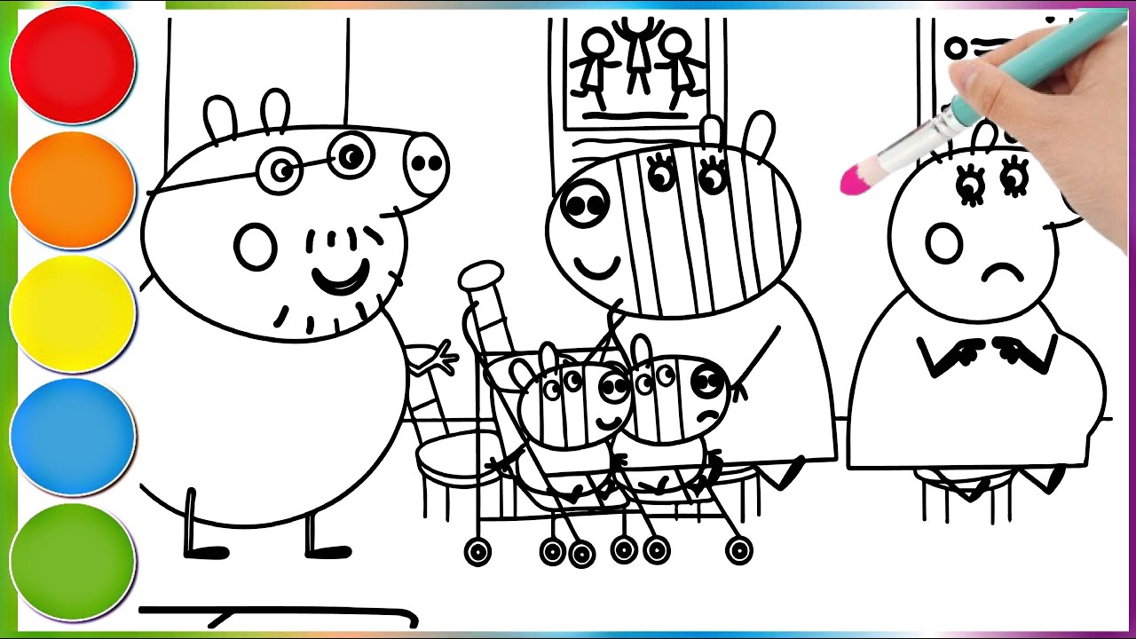 The zebra family visits Peppa Pig's family || Learn how to color the Peppa Pig page