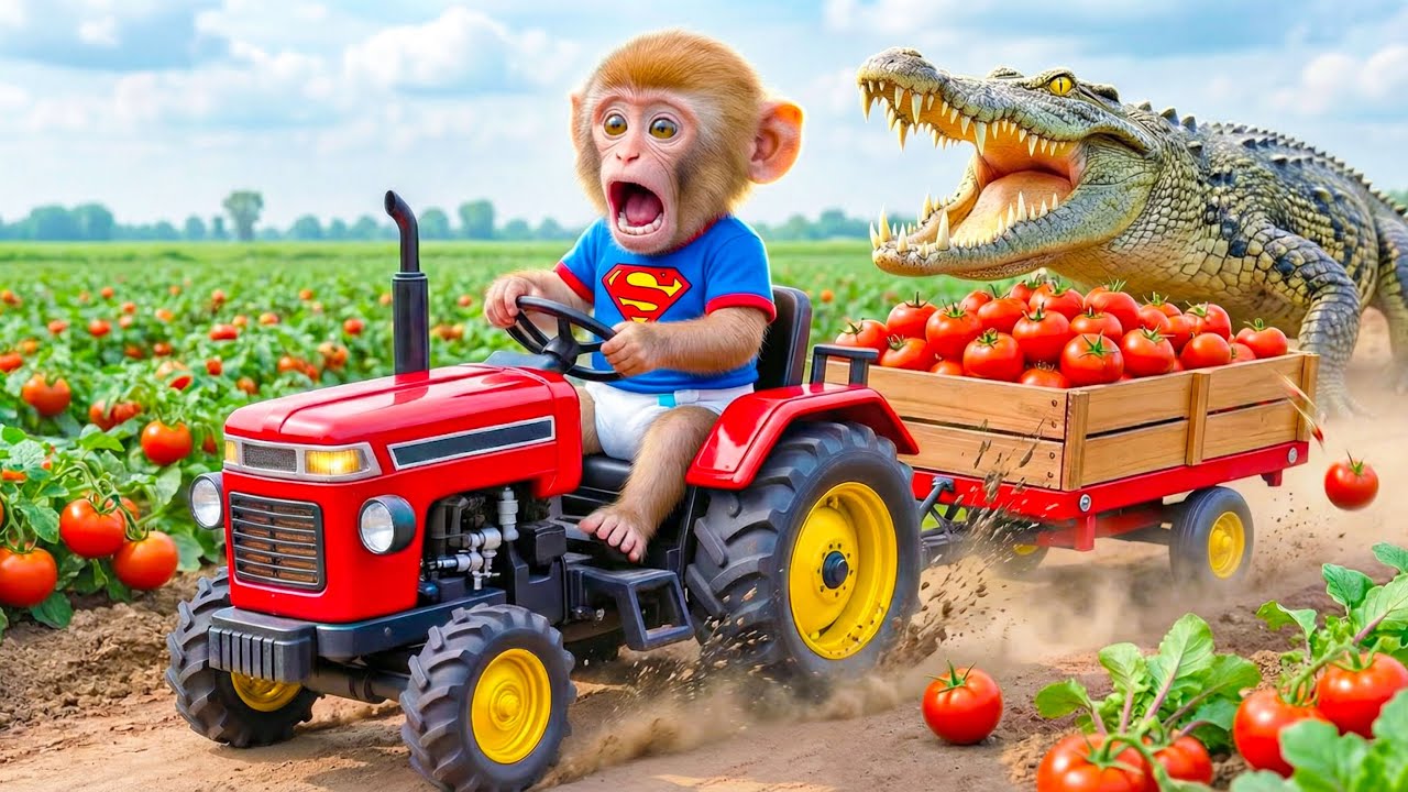 Monkey Farmer Drives Tractor to Harvest Tomatoes & Faces a Fierce Crocodile Attack!|Monkey Farm Work