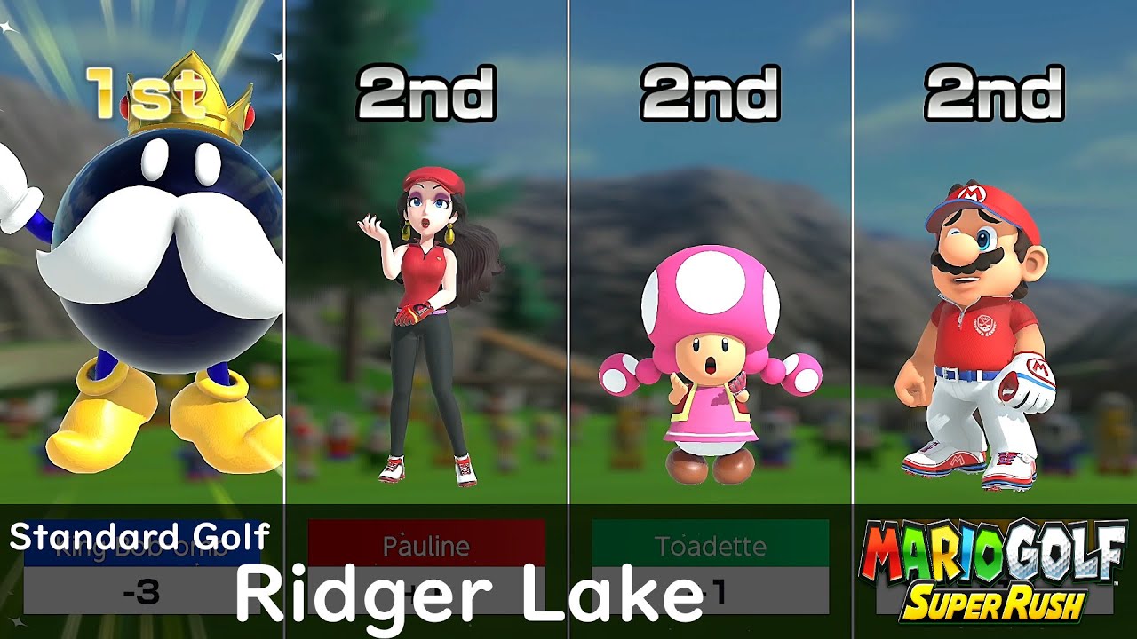 Mario Golf Super Rush King Bob omb vs Pauline vs Toadette vs Mario in Ridger Lake