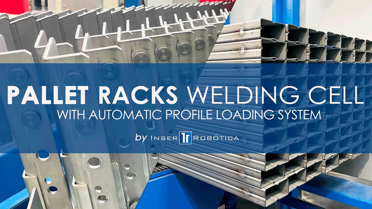 Pallet racks automatic welding cell. Weld profile and connector automatically