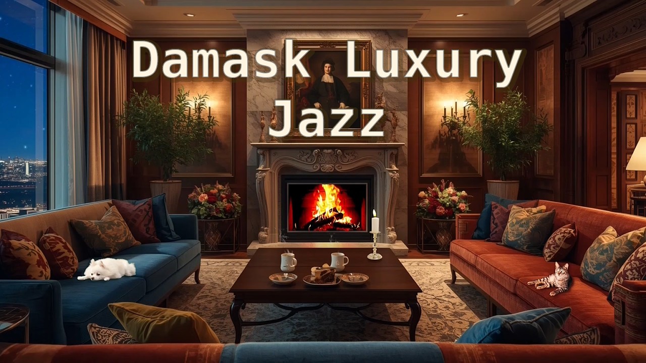 Plush Elegance: Jazz Melodies, Damask Textures & Sleeping Tabby & Corkie Serenity