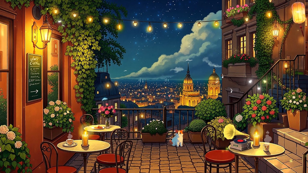 Midnight Rooftop Caf&eacute; ✨ Cozy Lofi Beats with City Night ~ Dreamy Lofi Playlist