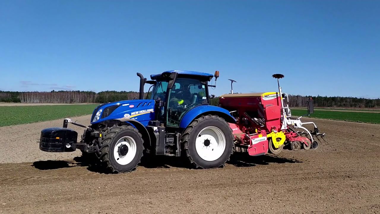 Siew jęczmienia po GPS z dokładnością do 2 centymetrów - New Holland T6 i siewnik Pöttinger