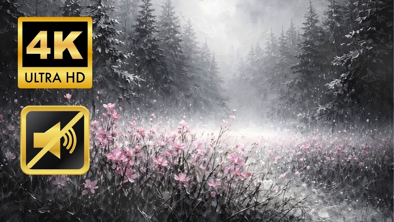 Misty Forest Screensaver in 4K - Mute 3 Hour Looping Background with pink flowers | No Audio