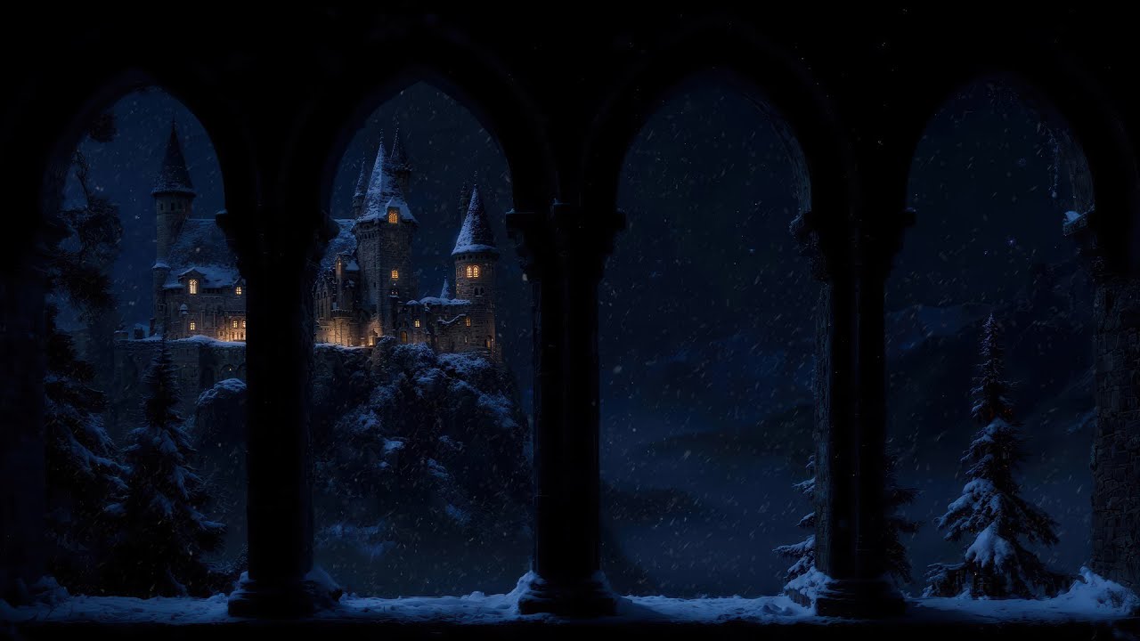4K Harry Potter Snowy Night Ambience – Hogwarts Window View & Wind for Focus, Study and Sleep