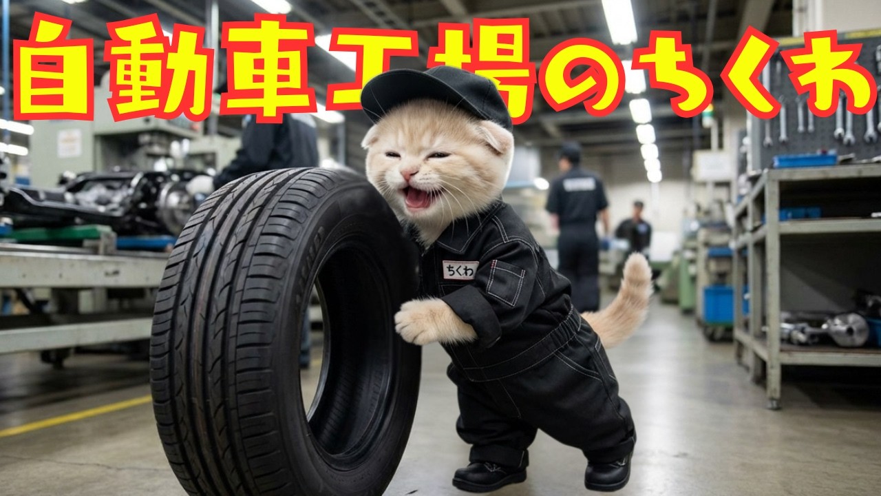 【世界一笑う猫ちくわ】自動車工場のちくわ🚗 定時ダッシュでおつかれさまだよ〜！｜Chikuwa at the Car Factory 🚗