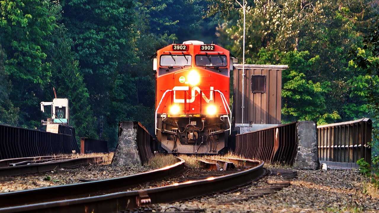 Big CN Grain Train Over Interlocking Bridge With Safety Scanning Inspection Boxcar