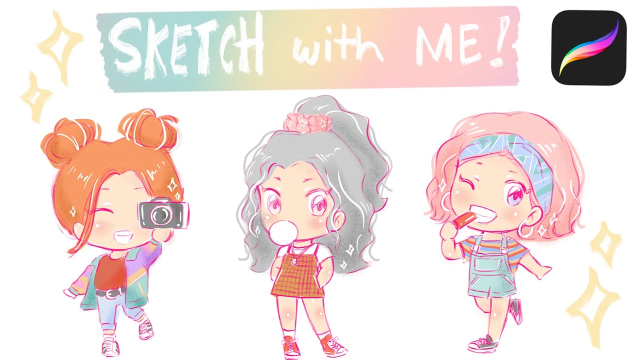 SKETCH WITH ME + Chill ♬: How to Draw CHIBI Characters on iPad -Retro Vintage Outfits from PINTEREST