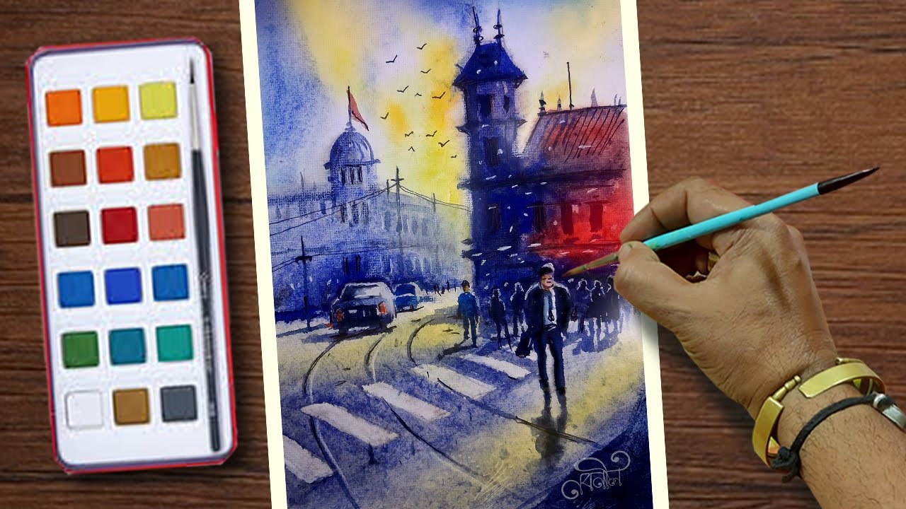 cityscape drawing with watercolor | watercolor cityscape tutorial | cityscape Drawing step by step