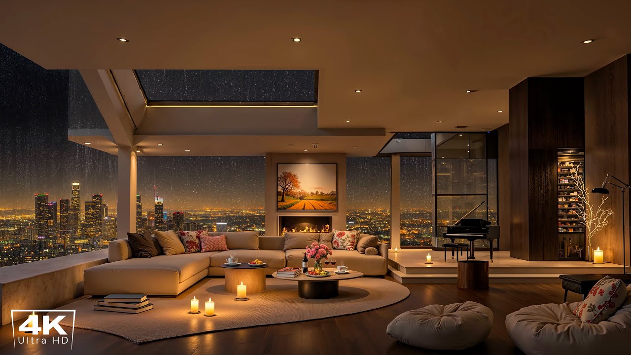 Cozy Luxury Apartment with Los Angeles Night View | Soft Piano Jazz Music for Deep Sleep