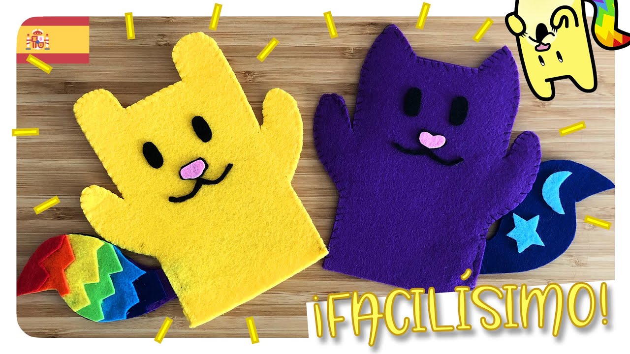 DIY 🎨 MARIONETAS de MANO hechas con FIELTRO de COLORES ✂️ Gato Rainbow & Gata Moon