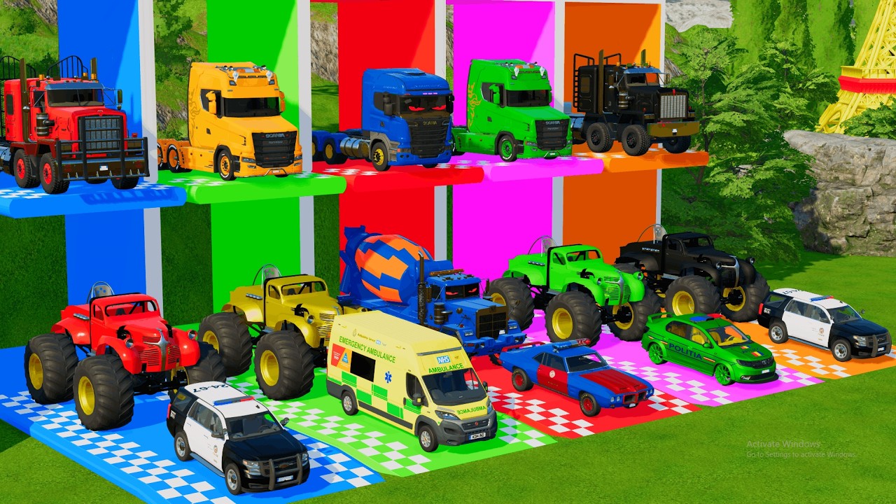 TRANSPORTING ALL POLICE CARS, MONSTER TRUCKS, AND AMBULANCES WITH SCANIA AND KENWORTH TRUCKS ! FS22