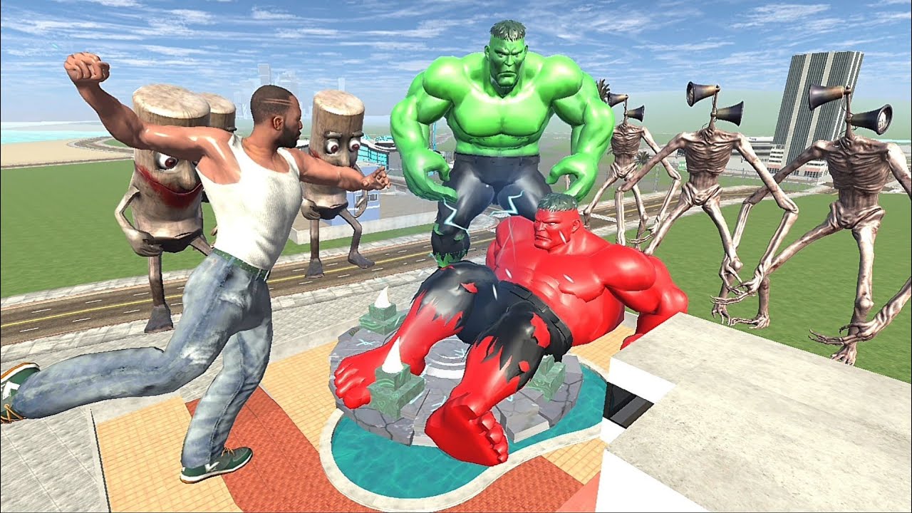 Franklin Hulk vs Red Hulk & Siren Head Tung Tung Sahur Zombie In INDIAN BIKES DRIVING 3D 