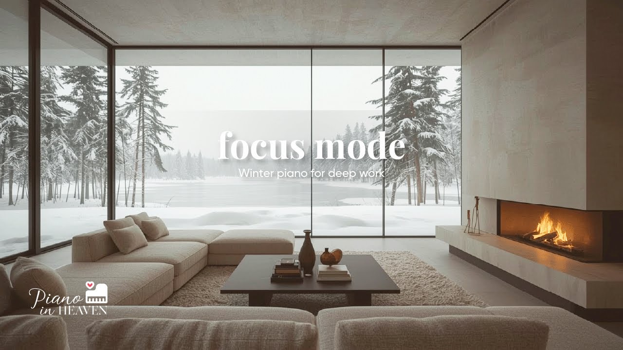 A Minimal Winter Interior with Large Windows, Frozen Lake Views, Fireplace and Soft Piano