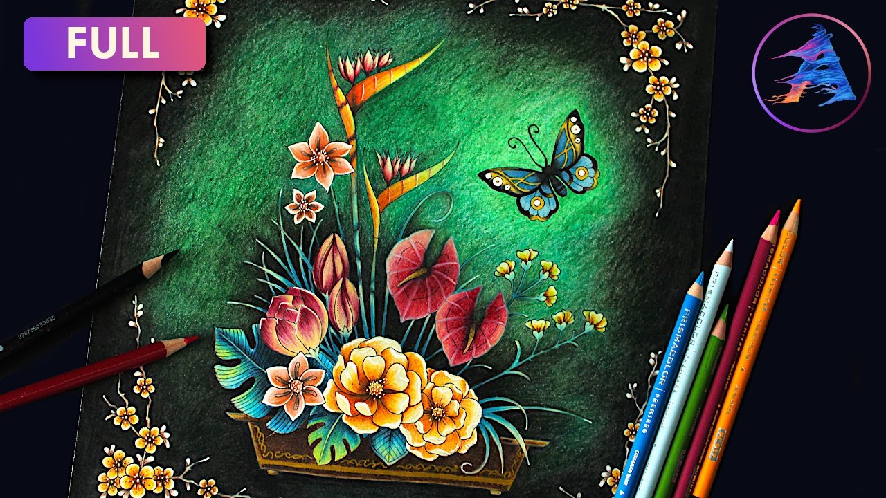 How to color Ikebana on the dark green background | WORLD OF FLOWERS Johanna Basford | Prismacolor