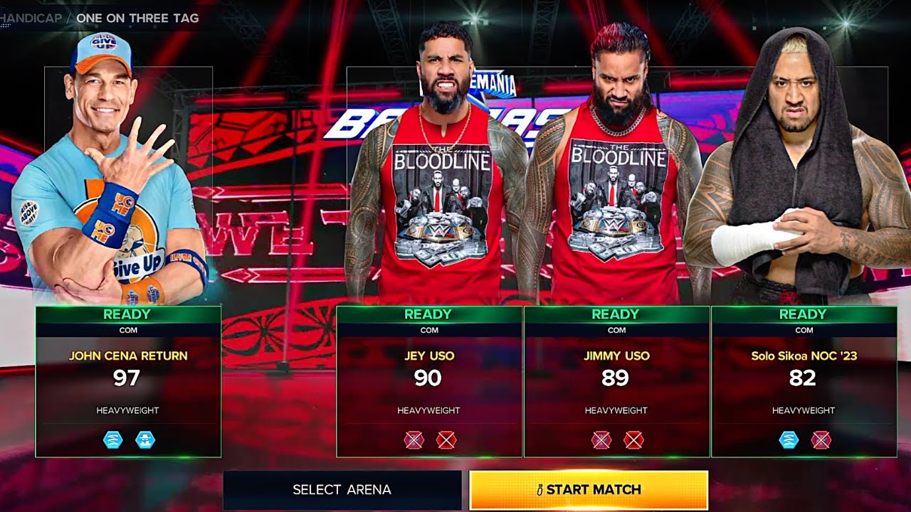WWE 2K23 John Cena Takes On Roman Brothers The Usos & Solo Sikoa in 1 On 3 Handicap Match