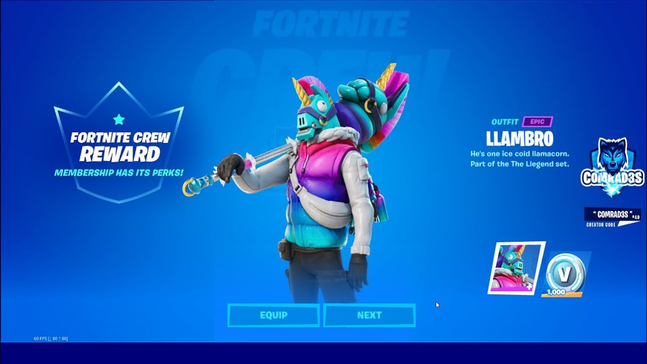 March Crew Pack - Llambro Skin, Puffcorn Pick Pickaxe, The Llegend Wrap and Up North Back Bling