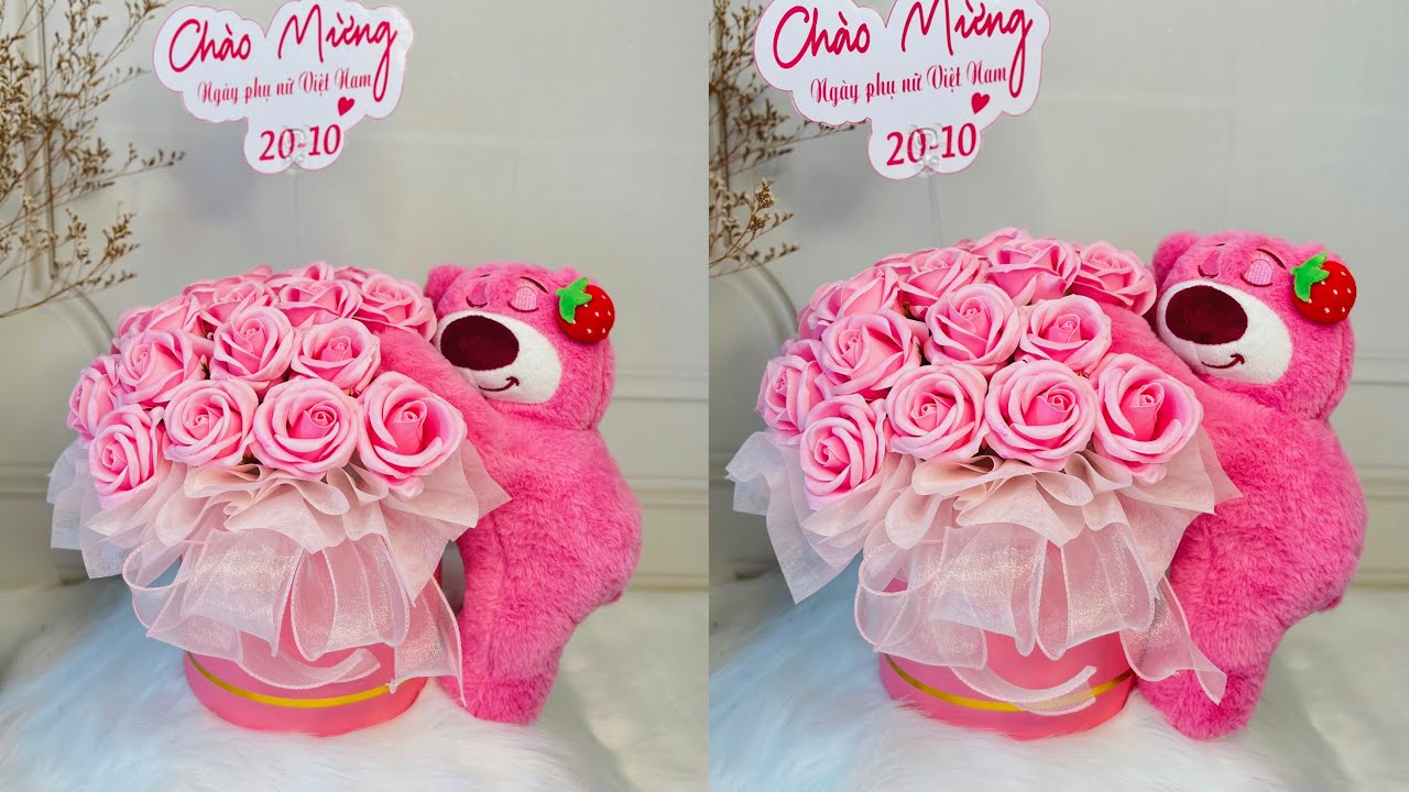 Cách Cắm Hoa Với Gấu Dâu | Gấu Dâu Ôm Hoa | Evig Trang Handmade
