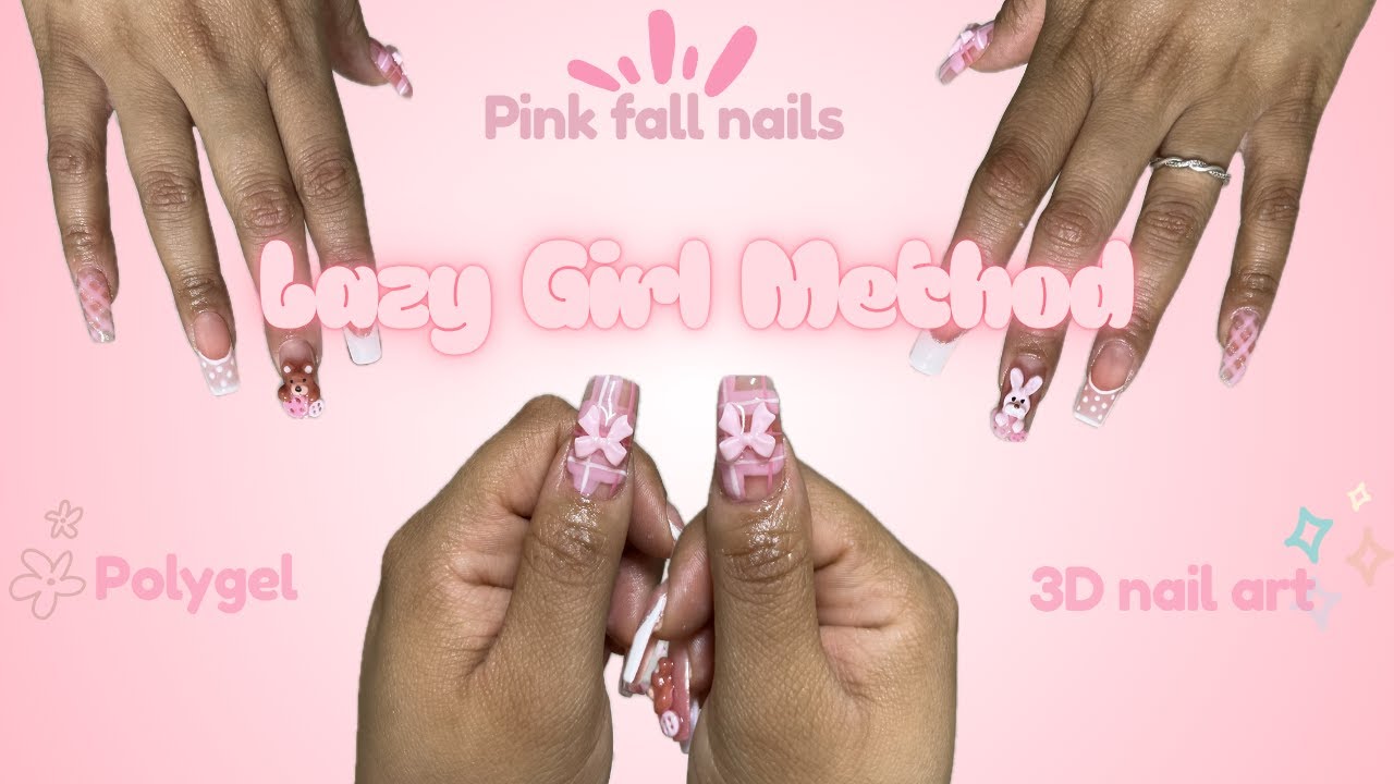 💅🏼Trying The Lazy-Girl method with Polygel | Easy Pink Fall Nail Art 🧸