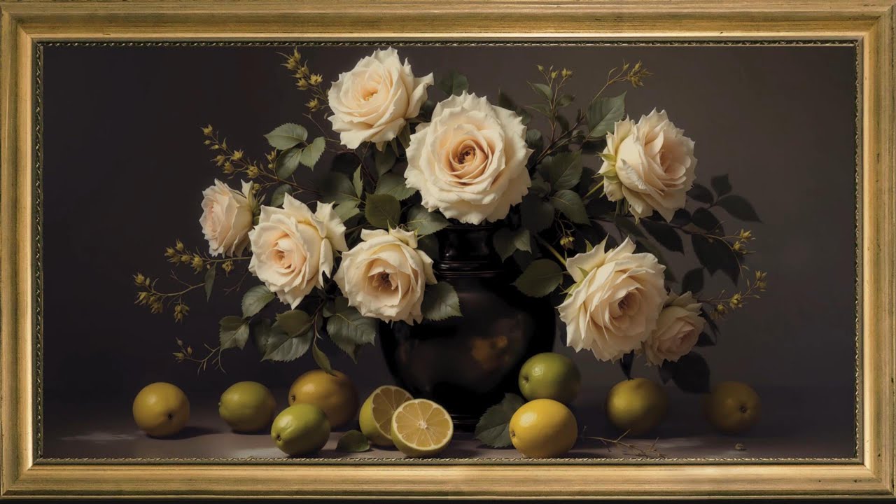 Embracing Tranquillity: A Moody Floral Journey with Roses and Lemons: Vintage Floral Art Frame TV