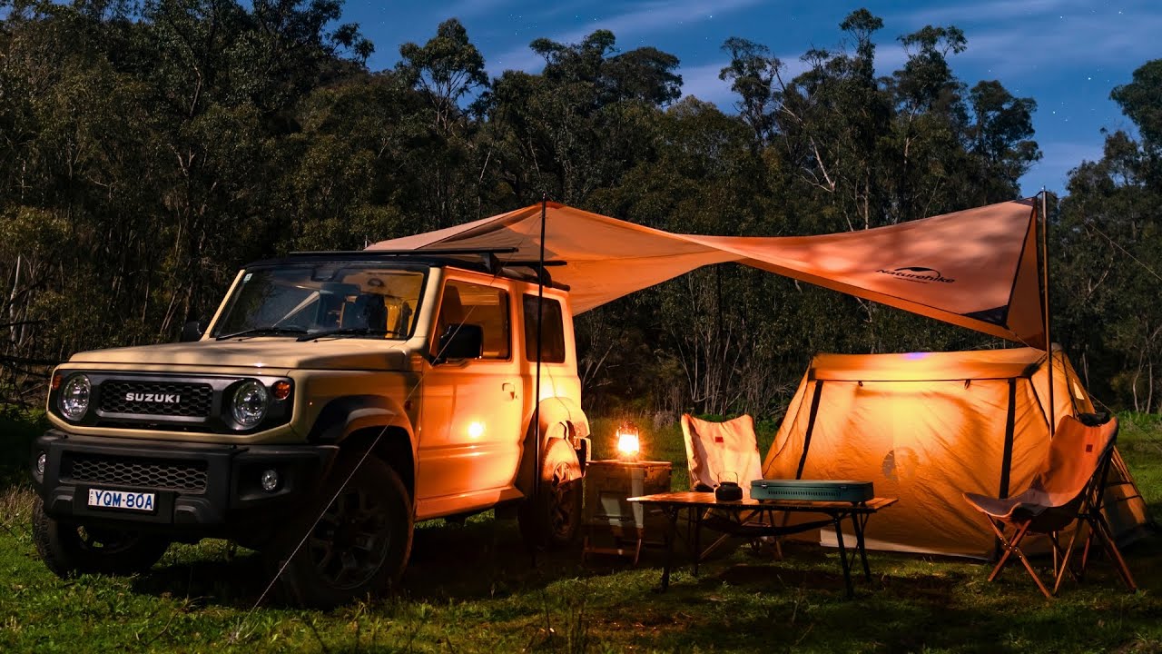 Spring Camping under a Flowering Tree | Suzuki Jimny | ASMR | Tarp Shelter | Creative BBQ | Starlink