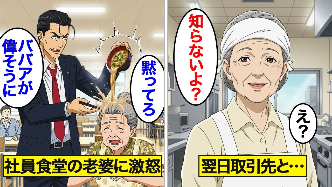 【漫画】社員食堂で働く老人に味噌汁をぶっかけたエリート社員の末路。その相手が実は…　【スカッと】