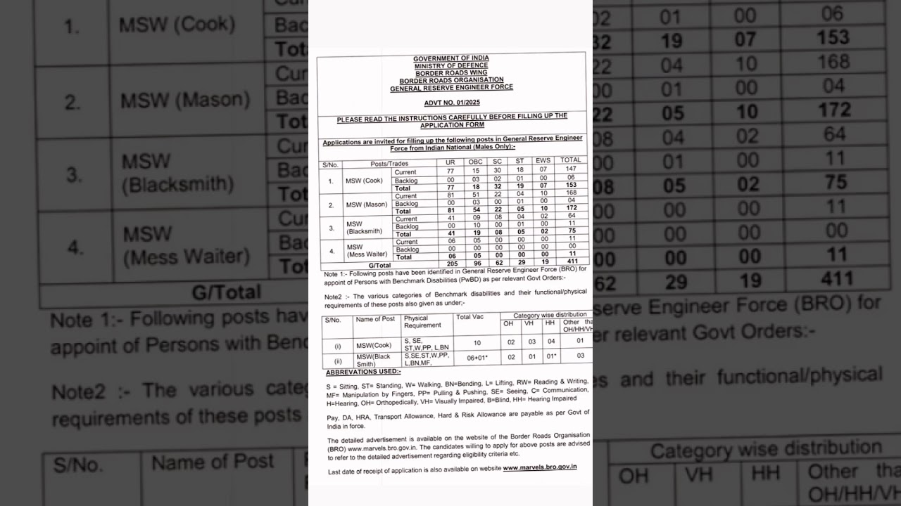 Border Roads Organization 2025 new vacancy offline form start (BRO) MSW 411 post #cook #civilservice