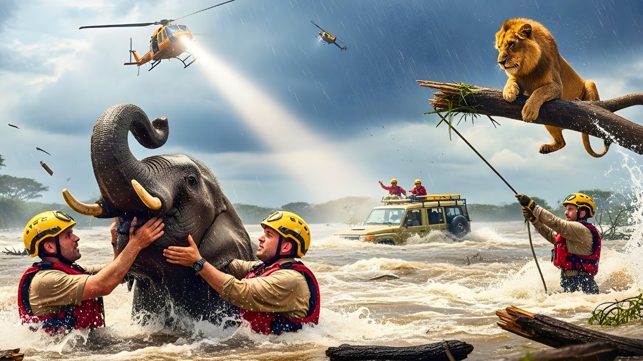 Heroic Team Rescues Elephant and Lion from Massive Flood Disaster