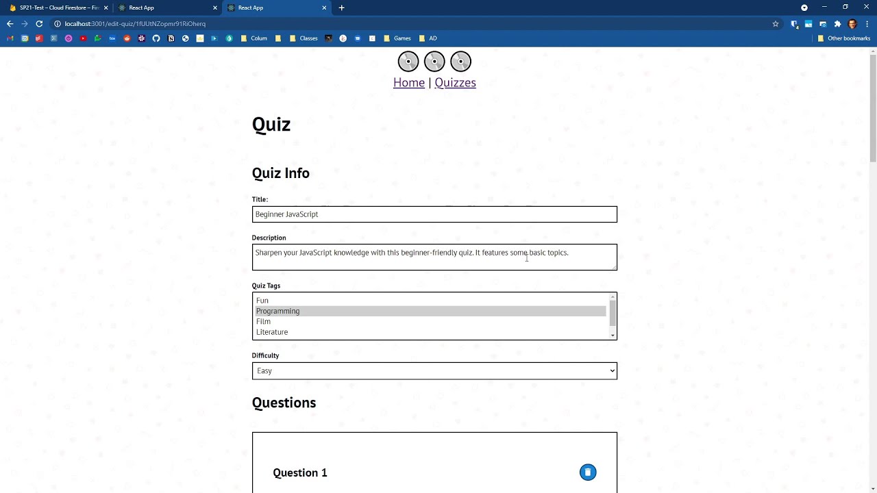 SP21 Web Apps: 34 - Quiz Edit Page - Protected Routes, Updating and Deleting