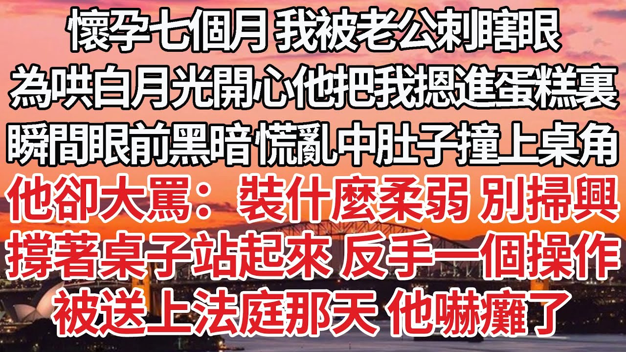 【完結】懷孕七個月 我被老公刺瞎眼，為哄白月光開心他把我摁進蛋糕裏瞬間眼前黑暗 慌亂中肚子撞上桌角，他卻大罵：裝什麼柔弱 別掃興，撐著桌子站起來 反手一個操作，被送上法庭那天 他嚇癱了【爽文】【婚姻】