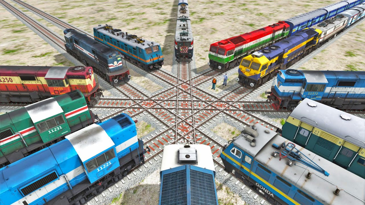 Twelve Trains at Diamond Crossing -:- Cross Each other at Forked Railroad - Train Simulator