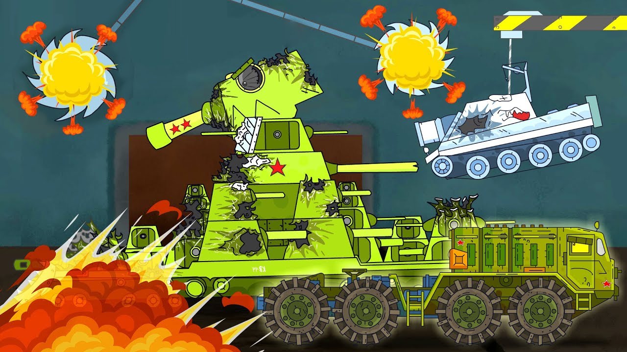 Carro armato in fabbrica. Cartoni animati monster truck. Guerra cartoni. Grandi Macchine.