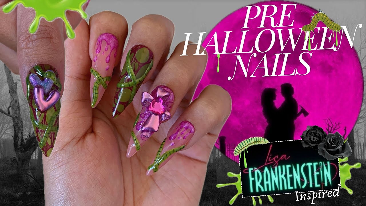 Lisa Frankenstein Nail Art ˖ ݁𖥔 ݁˖ Bold, Glittery + 3D-Inspired Nail Design