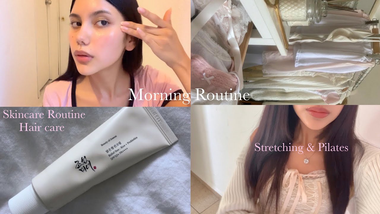 Mi rutina de mañana 🎀 mi rutina de piel, cabello & ejercicio 🧘‍♀️🍵 healing
