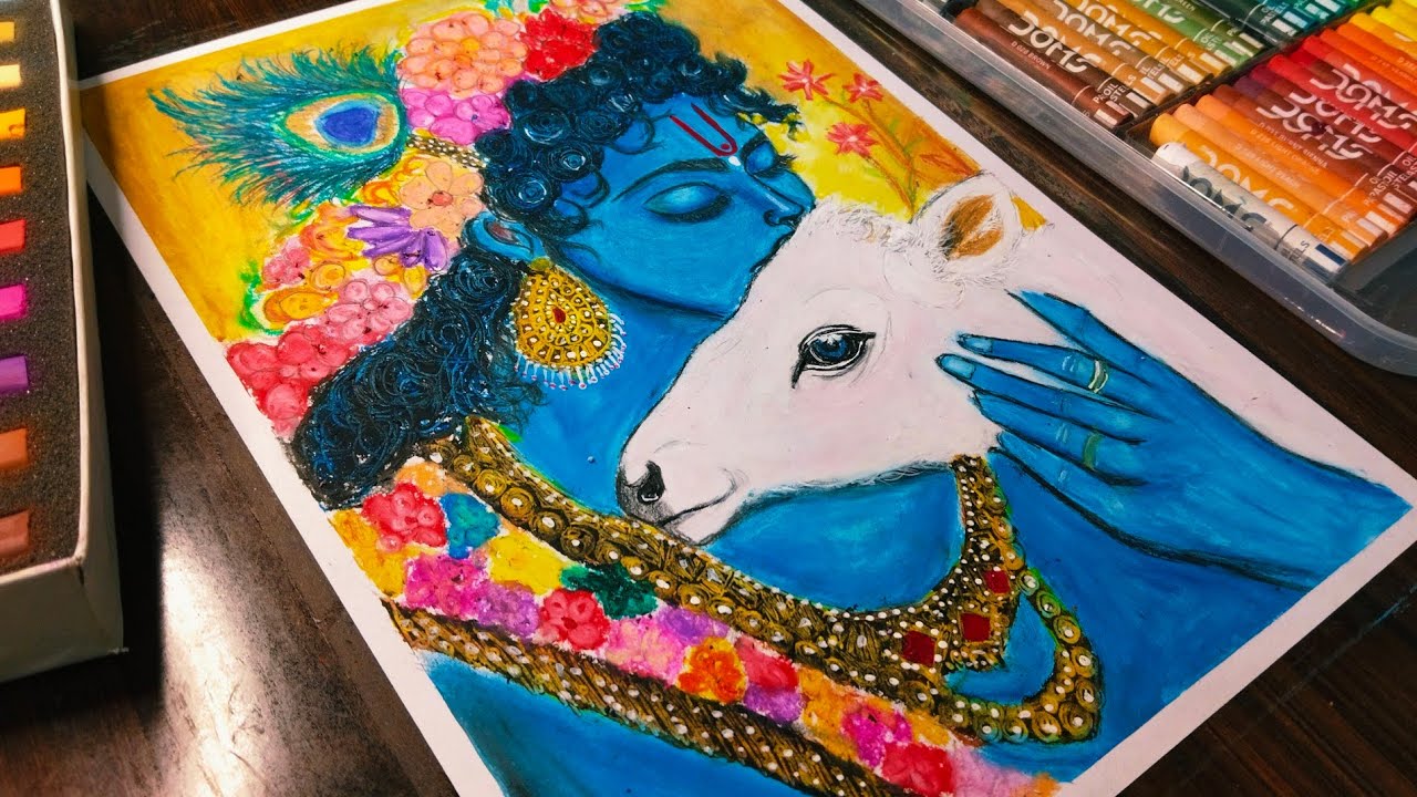 krishna thakur drawing/Lord Krishna Oil Pastels Drawing/Krishna with Cow Oil Pastels Drawing/krishn
