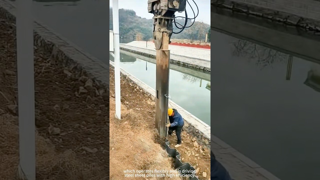 A pile driver modified from an excavator, performing steel sheet piling work. #work #machine